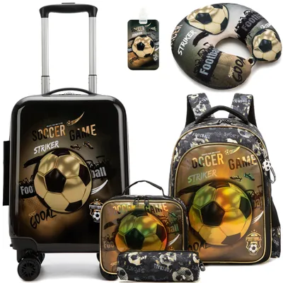 Produktbild von 5-teiliges Kinderkoffer Set, B-Fußball Design, inklusive Rucksack, Nackenkissen, Lunchbox, Universalräder