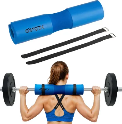 A woman is shown from behind, performing a squat with a barbell. A blue barbell pad is around the bar on her neck and shoulders.