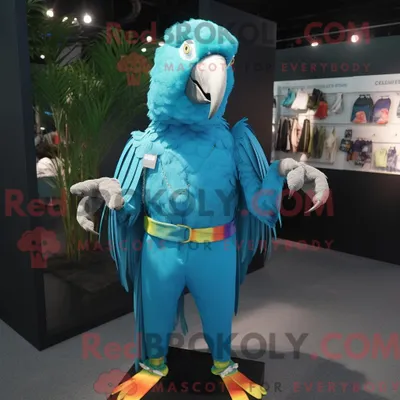 Image de Personnage mascotte REDBROKOLY d un Perroquet Cyan habillé d une Robe Fourreau et de Bracelets