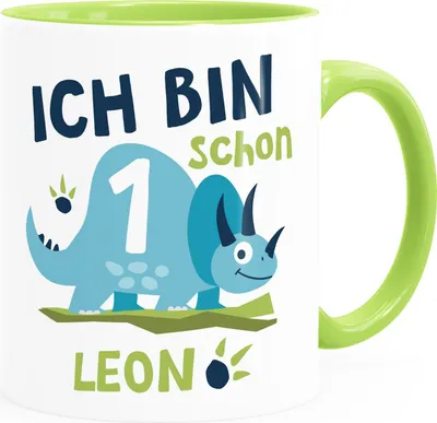 Produktbild von Kinder-Tasse Dinosaurier personalisierte Namenstasse Dino Baby Triceratops Geburtstag Ich bin schon 1 bzw. 2 SpecialMe® 1 Jahr inner-hellgrün Keramik-Tasse