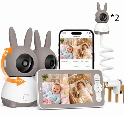 Produktbild von Babyphone mit 2 Kameras und APP 2K/5 Zoll WLAN Babyfon mit Split-Screen PTZ 4¡ÁZoom IR-Nachtsicht Automatische Verfolgung mit 2*Halterung