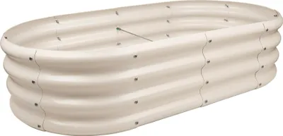 A raised garden bed made of galvanized steel, shown from a slightly elevated side angle on a white background.