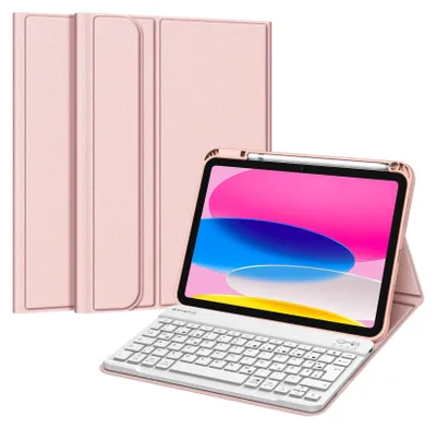 Produktbild von Fintie Tastatur Hülle für iPad 11.Generation 11" 2025, iPad 10. Generation 2022 10.9", Schutzhülle mit TPU Rückschale, Pencil Halter und magnetisch Abnehmbarer Tastatur mit QWERTZ Layout, Roségold