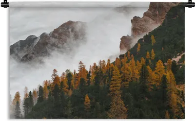 Produktbild von MuchoWow® Wandteppich Wandbehang Berg - Nebel - Wald 90x60 cm Tapisserie Dekoration Wandtuch - Wandskulpturen - Bildteppich