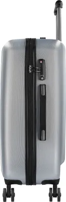 A silver hard-shell suitcase is shown from the side against a white background.