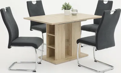 Produktbild von 5 tlg. Essgruppe Alina - Säulentisch Sanremo Hell  120-160x80cm - Schwingstuhl zweifarbig Anthrazit/Schwarz