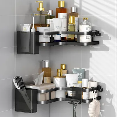 Produktbild von Duschablage Ohne Bohren Schwarz Eckregal, 2 Stück Duschregal Schwarz Ecke, Badezimmer Organizer mit 4 Haken, Shower Shelf Dusche Zubehör, Shampoo Halterung für Dusche für Badezimmer.