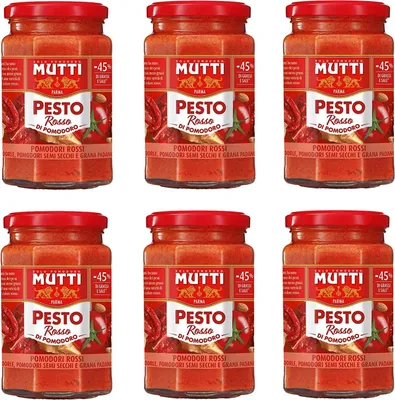 Produktbild von 6x Mutti Pesto Rosso Pomodori Rossi Rotes Tomatenpesto Pasta Sauce 100% italienische Tomate Glas 180g Würzsaucen mit Mandeln, Tomaten, getrockneten Samen und Grana Padano