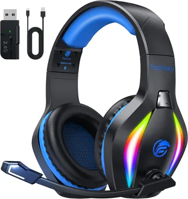 Produktbild von Headset mit Mikrofon, 2,4G für PS5, PS4, PC, Switch, Mac, Surround Sound Bluetooth Gaming Kopfhörer kabellos mit LED Licht,Über 50Stunden Akkulaufzeit