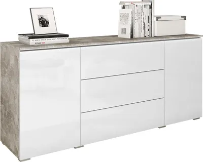 Produktbild von MIRJAN24 Kommode Vera, Griffloses Öffnungssystem, Sideboard, Stilvoll Highboard Schrank (Farbe: Beton / Weiß Hochglanz, ohne Beleuchtung)