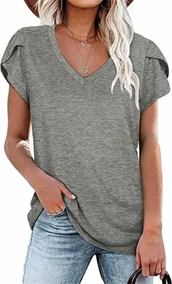 Produktbild von ASKSA Damen V-Ausschnitt Kurzarm T-Shirt Blütenblatt Ärmel Tops Shirts Sommer Casual Tunika Oberteile, Grau, M