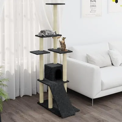 Produktbild von Kratzbaum mit Sisal-Kratzsäule, Katzenkratzbaum, Kletterwand, Kratzbäume Für Katzen, Kratzstamm, Kratzbaum Deckenspanner,n Dunkelgrau 155 cm