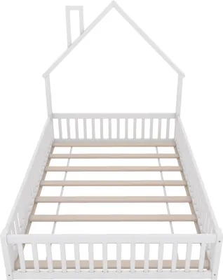 Produktbild von Flieks Kinderbett Hausbett 140x200cm mit Lattenrost, Bodenbett mit Rausfallschutz und Tür, Doppelbett Holzbett für Kinderzimmer, Weiß
