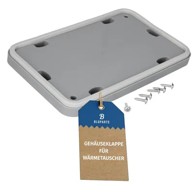 A gray plastic cover with a white gasket and a blue and brown tag attached, along with several screws, on a white background.