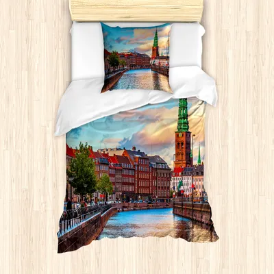 Produktbild von ABAKUHAUS europäisch Mantele, Sonnenuntergang von Kopenhagen, Milbensicher Allergiker geeignet mit Kissenbezügen, 135 cm x 200 cm - 80 x 80 cm, Mehrfarbig
