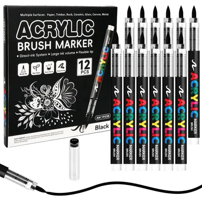 Produktbild von Acrylmarker Set 12 Stück Weiß Schwarz, Soft Brush Tip, Wasserfest, für Kunst & DIY