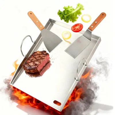 Zdjęcie produktu dla Płyta grillowa ze stali nierdzewnej do grilla gazowego, wymiar 30 x 40 cm, w zestawie 2 łopatki