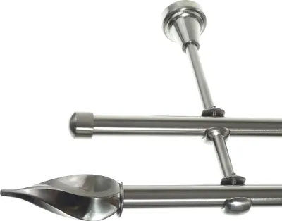 Produktbild von Gardinenstange Set Edelstahl Look Metall Ø 16mm zur Wandbefestigung 2-lauf gedrehte Spitze Zwirbel, Länge wählbar H24 E14 E17