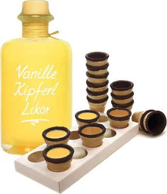 Produktbild von Vanille Kipferl Likör 0,7L Sämig & süffig mit 8 Waffelbechern & Becherhalter 17%Vol