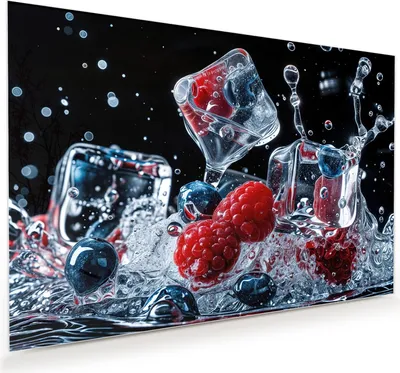 Produktbild von Glasbild 60x40cm in XXL für Wohnzimmer, Schlafzimmer Motiv Beeren Eiswürfel