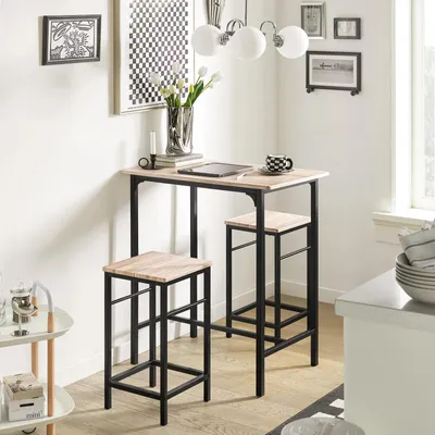 Image de Ensemble bistrot 3 pièces - Table de bar avec 2 chaises - Structure métallique - Ensemble de cuisine/salle à manger - Montage requis - Marron