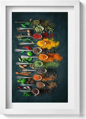 Produktbild von Löffel mit bunten Gewürzen– Wandbild mit Rahmen – Gerahmtes Bild  – Wanddekoration – 20x30 cm – Weiß