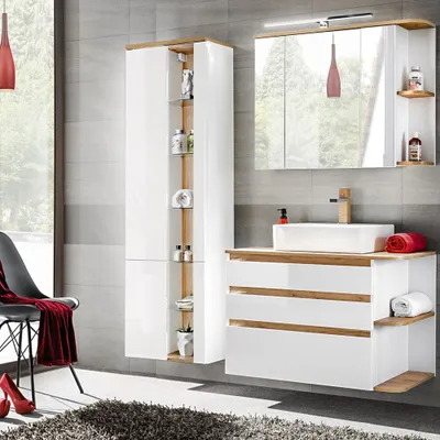 Produktbild von Badmöbel-Set mit Keramik-Waschtisch CAMPOS-56, Hochglanz weiß mit Wotaneiche, B/H/T: ca. 154/200/50 cm