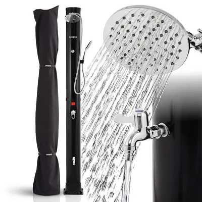 Produktbild von AREBOS Solardusche 40L Schwarz mit Thermometer – Pooldusche & Gartendusche mit Regendusche, Handbrause, Fußdusche und 360° Duschkopf inkl. Haube
