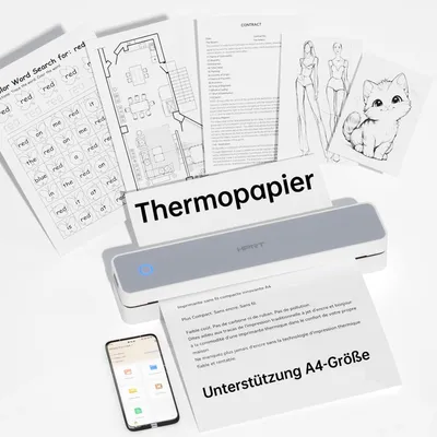 Produktbild von tragbarer Drucker drahtlos für Reisen, Bluethooth Tintenloser Thermodrucker Unterstützung für A4-Papier, iOS, Android, Laptop für Büro und Zuhause