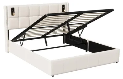 Zdjęcie produktu dla Łóżko tapicerowane - podwójne, 140 x 200 cm - pojemnik na pościel z podnoszeniem hydraulicznych - stelaż łóżka - oświetlenie LED i funkcja ładowania USB-C - kolor beżowy