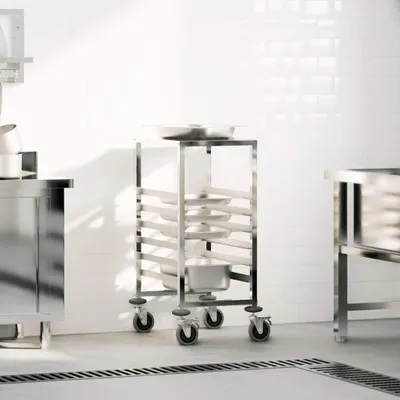 Produktbild von Tablettwagen aus Edelstahl mit Rollen und Platz für 6 GN-Behälter