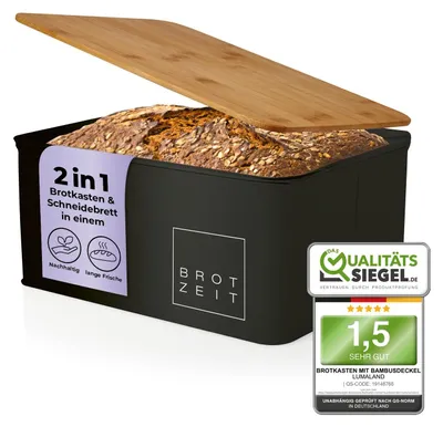 Brotbox aus Metall mit Bambusdeckel, 30,5x23,5x14 cm, schwarz