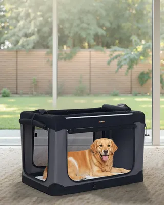 Produktbild von Feandrea Hundebox faltbar, 91,4 cm Transportbox für große Hunde, Hundetasche, mit 4 Türen aus Netzstoff, Griffen, Taschen für Futter, schwarz