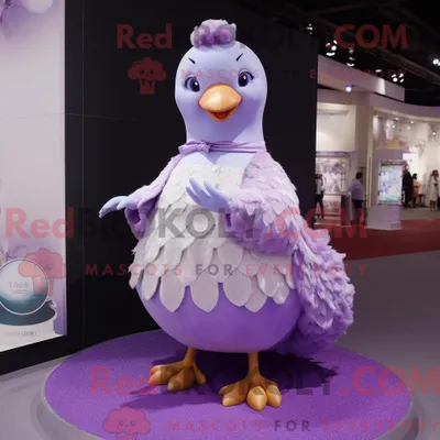 Produktbild von Maskottchenfigur REDBROKOLY einer Lavendeltaube mit Ballkleid und Fußkettchen
