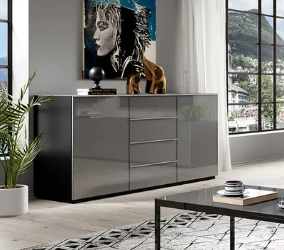 Image de Commode « Helio » 160 cm, 2 portes, noir/gris, finition en verre au choix