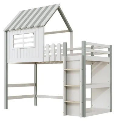 Produktbild von Massivholz Kinderbett 90 x 200 cm Hausbett mit Dach, Rutsche, Sicherheitsgitter und Stauraum, Kiefer Grün, ohne Matratze