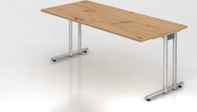 Produktbild von Schreibtisch Mauno | Asteiche | BxT 180x80cm | Arbeitshöhe 72cm | höhenjustierbar 0-10 mm | C-Fuß-Gestell Silber | Rechteckform