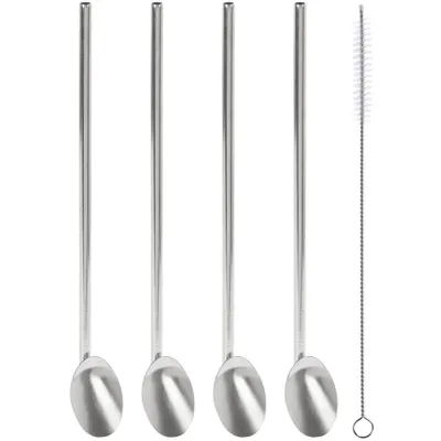Obrázok produktu pre Sada 4 Ks Slamiek Na Pitie S Lyžičkou, 21 Cm + Kefka Na Čistenie