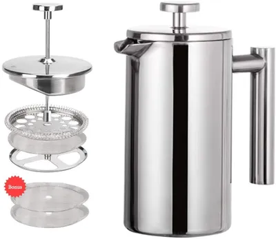 Produktbild von CANDeal 1000ML Kaffeebereiter Kaffeekanne Teebereiter French Press System Edelstahl thermoisoliert mit 2 Extra Kaffeefilter