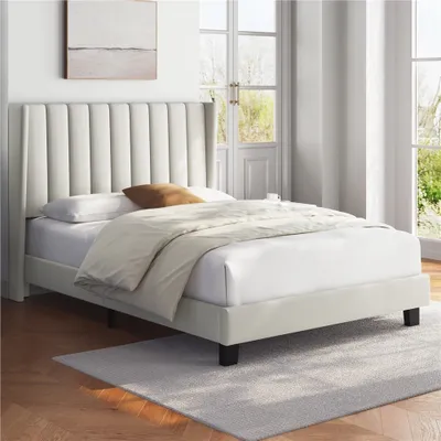 A bedroom scene with a bed and a window in the background.