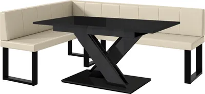 Produktbild von MEBLINI Eckbank für Esszimmer mit ausziehbarem Tisch  - Küchenbank - Essecke - Sitzecke Küche - PETER - U-Beine 142x196x87cm Links - Creme Kunstleder/B Schwarz Hochgl.