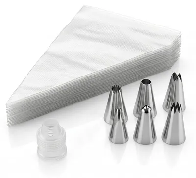 Produktbild von Einweg-Spritzbeutel Set - 100 Spritzbeutel mit 6 Edelstahltüllen und 1 Adapter - Zum Dekorieren von Kuchen Cupcakes und Keksen