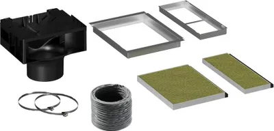 Various components of a ventilation or air purification system are laid out against a white background.