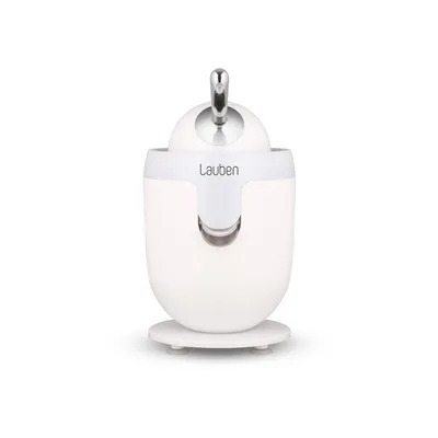 A white electric citrus juicer manufactured by Lauben is centered on a white background.