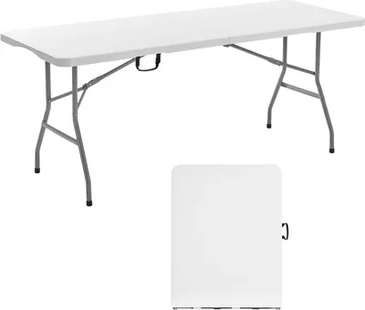 A white folding table is shown in two views: unfolded and folded.