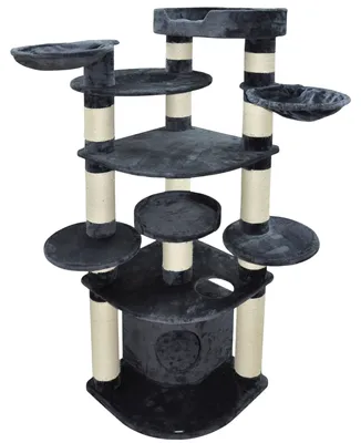 Produktbild von Kratzbaum Grau 200x70x70 cm für große Katzen, massiver 15 cm Stamm, massive Bodenplatte, Liegemulden, Plüschhöhle