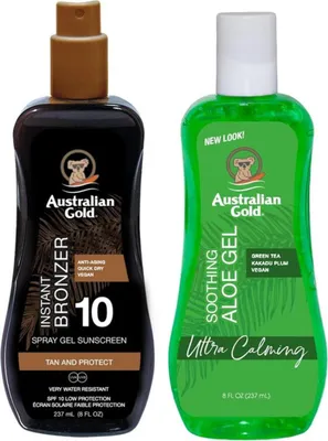 Productafbeelding van Australian Gold spraygel met bronzer SPF10 + Soothing Aloe aftersun gel Bruiningsset