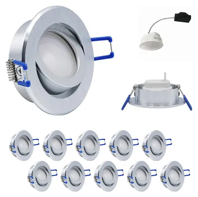 Zdjęcie produktu dla 10 szt. modułów LED i opraw wbudowanych z szczotkowanego aluminium MR16 50 mm, ciepła biel 3000 K, satynowe wykończenie, kąt rozsyłu 120°, oświetlenie ogólne, 400 lumenów, 5 W = 40 W – niewielka głębokość montażu