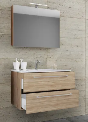 Produktbild von VCM 3-tlg. Waschplatz Waschtisch | Waschbecken Unterschrank Breite 80 cm | Badmöbel Set hängend mit zwei Schubladen Spiegelschrank | Badinos
