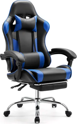 Produktbild von Sweiko Gaming Stuhl ,Schreibtischstuhl mit Fußstütze und bequemer Lendenwirbelstütze,Ergonomisch,Liegesessel mit Kopfstütze,Kunstleder,Blau,Schwarz